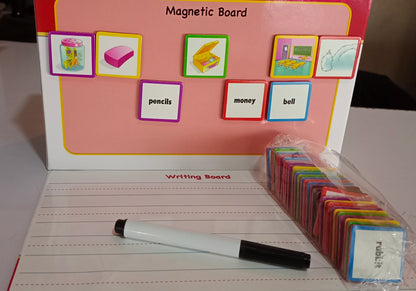 Comes with a magnetic board, small 50 Magnetic flash cards, a writing board and an erasable marker to help kids learn through interactive and hands on activities.