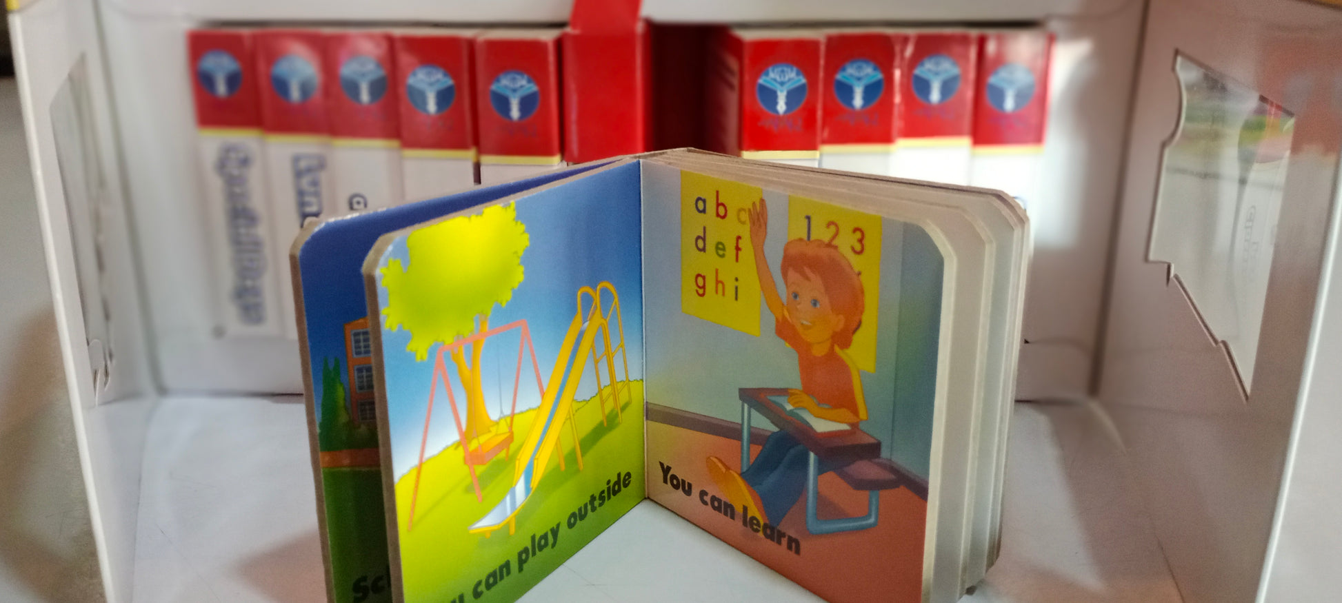 All 10 books are very carefully bound. Keeping in mind the ways little kids handle the books. The Double Art-card pages have been printed in a most fascinating way and are attached so that makes it easy for kids to turn the pages without easily damaging the books.